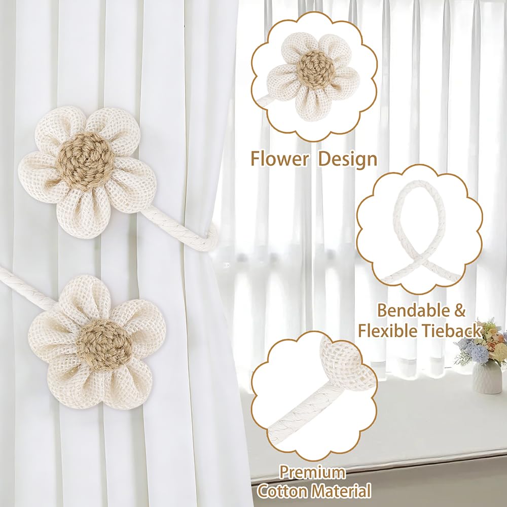 Flower Curtain Tiebacks, 2 Pack Cute Curtain Tie Backs Decorative Curtains Ties Set Tie Backs Holders for Windows Elegant Curtains Holdbacks for Home Office Bedroom Living Room Decoration(Beige) BST326H