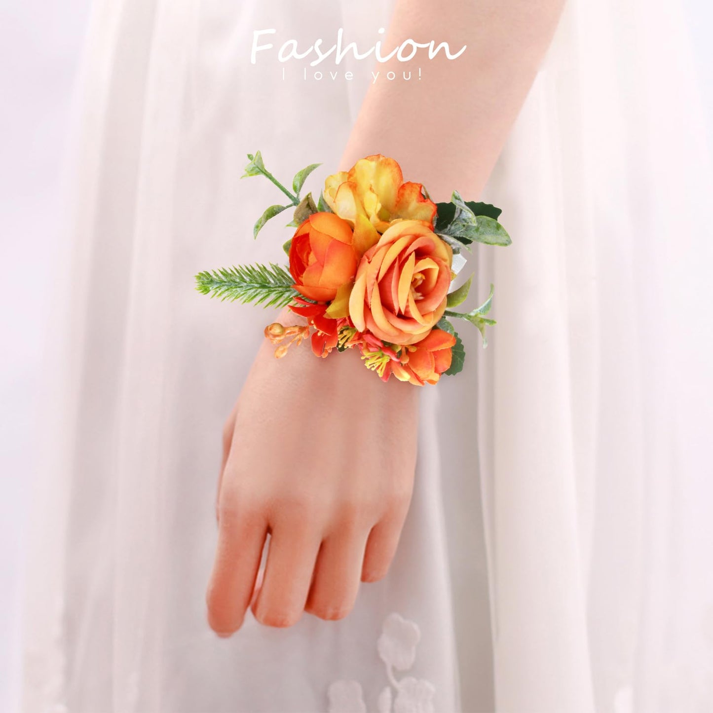 Prom Corsage And Boutonniere Set Orange – Artificial Silk Wrist Corsage & Boutonniere For Men Wedding – Groom Boutonniere For Prom, Homecoming, Courthouse Wedding, White Rose Corsage Wristlet Gift Set BST202
