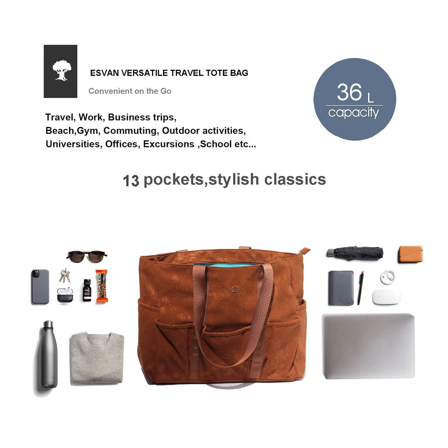 ESVAN Utility Tote Bag Weekender Duffle Bag with 13 Pockets - Perfect for Travel, Work, Gym, Beach, Teachers, and Nurses BST326H