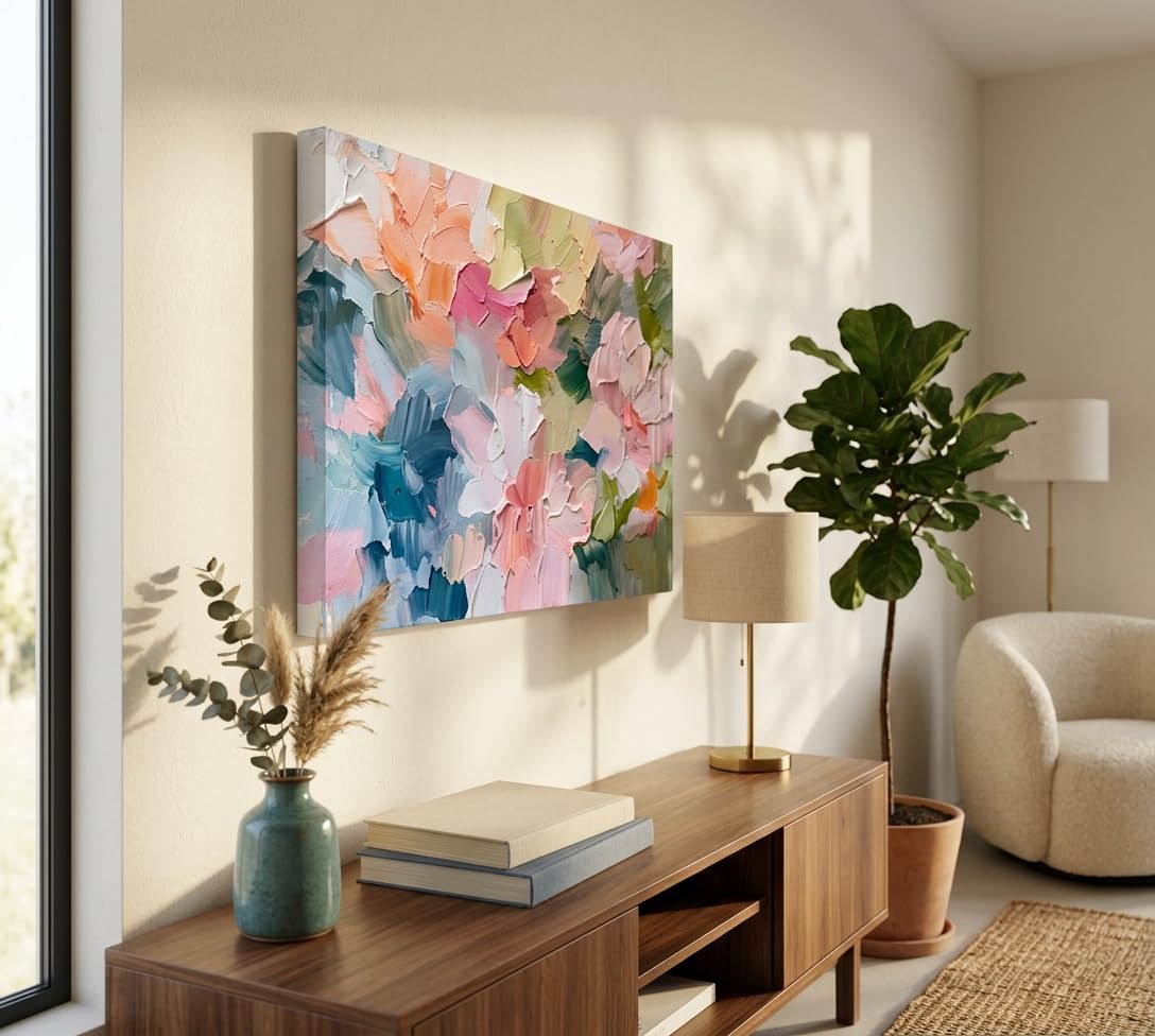 KKJ Pink Abstract Canvas Wall Art, 12 x 16 Inches | Modern Colorful Oil Painting Style Print, Danish Pastel Palette, Ready to Hang BST326H