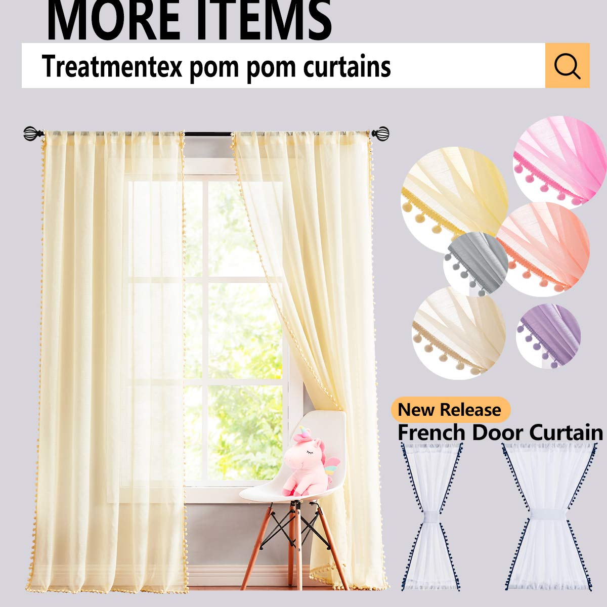 Treatmentex Pom-Pom Grey Sheer Curtains for Bedroom 63" Window Drapes Rod Pocket Textured Sheer Curtain for Kids Room 52" w 2 Panels BST202