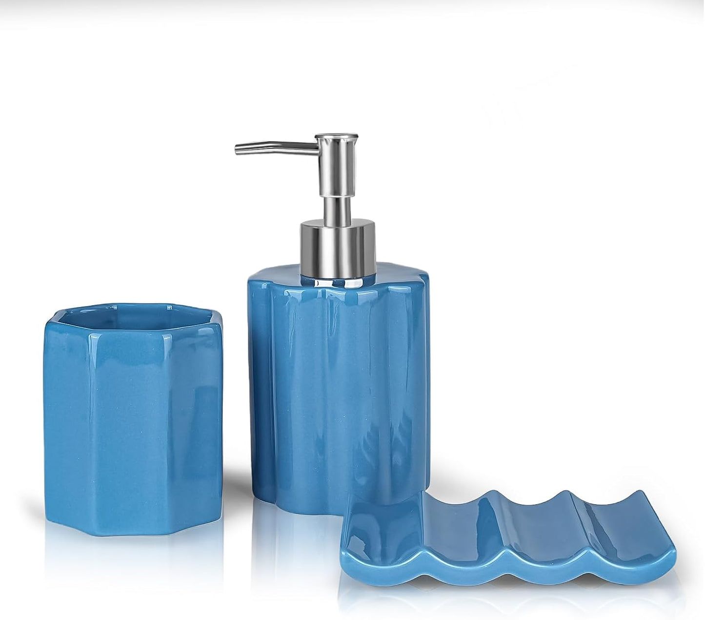 Ceramic Bathroom Accessories Set, Amaauto 3-Piece - Blue Soap Dispenser, Toothbrush Holder & Soap Dish | Modern Bathroom Decor for Countertop Organization BST202