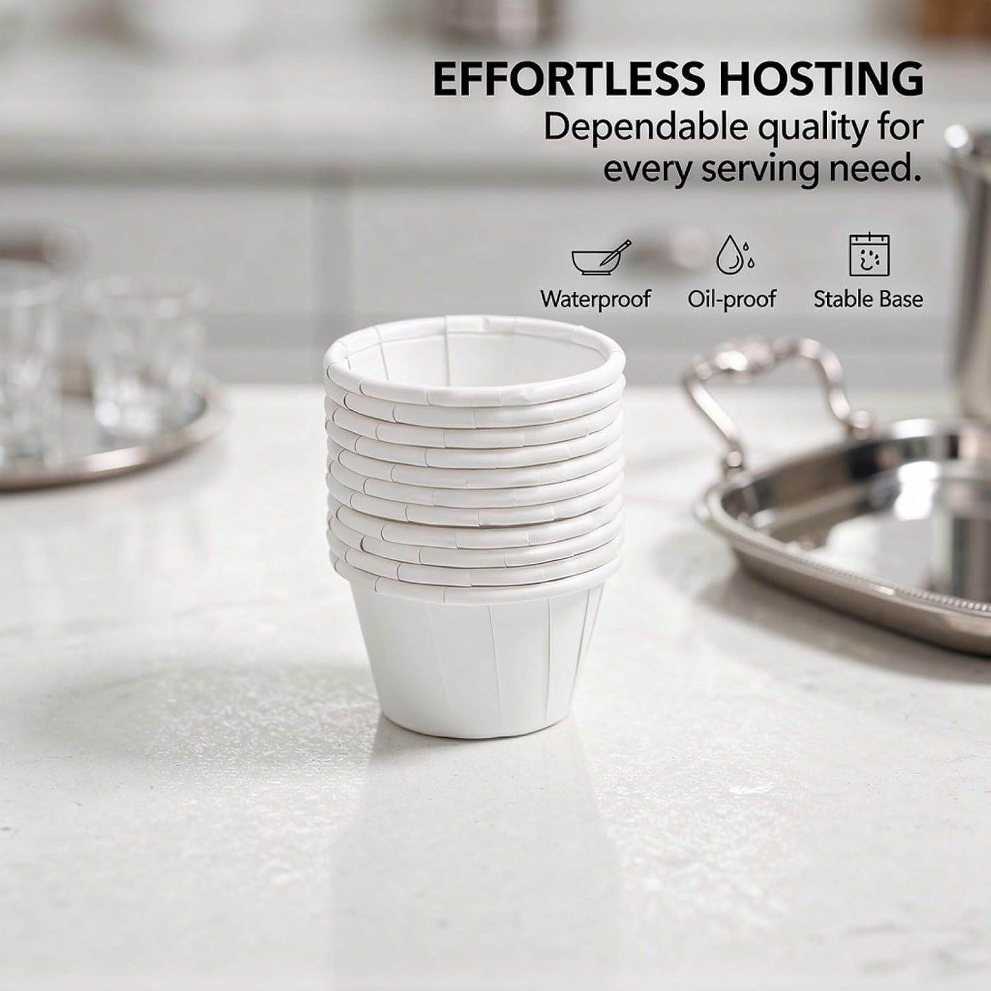 500 Pcs Disposable Food Safe Paper Cups, Waterproof Oil-Proof Condiment Cups with Rolled Rim, Pleated Design, Stable Base for Tasting, Sampling, Sauces, Snacks BST202