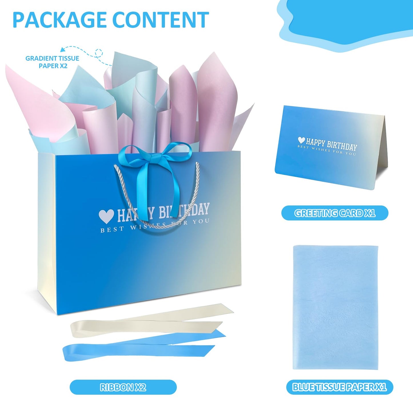 Kecorax Birthday Gift Bag for Women, 14" Large Birthday Bags Set for Girls with Tissue Paper, Card and Ribbons, Suitable for Birthday-themed Parties BST220