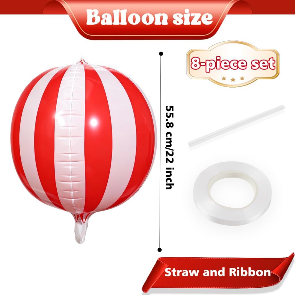 Carnival Theme Balloon 22inch Foil Red and White Balloons Circus Theme Party Decorations Carnival Candy Cane Balloons Striped Balloon Circus Decorations, 8pcs Decor for Birthday Party BST202