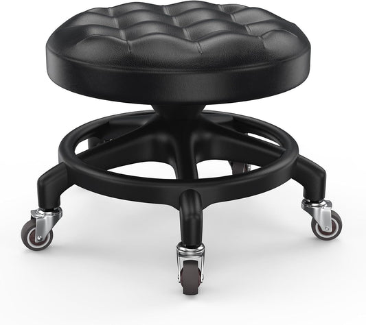 Low Rolling Stool with Smooth & Quiet Bearing Rubber Wheels, Heavy Duty 600 lb Capacity Mechanics Rolling Seat for Garage, Salon, Cleaning & Auto Repair, Black Seat with Black Frame WN420
