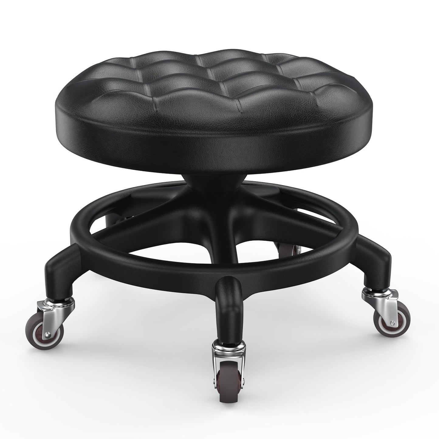 Low Rolling Stool with Smooth & Quiet Bearing Rubber Wheels, Heavy Duty 600 lb Capacity Mechanics Rolling Seat for Garage, Salon, Cleaning & Auto Repair, Black Seat with Black Frame WN420