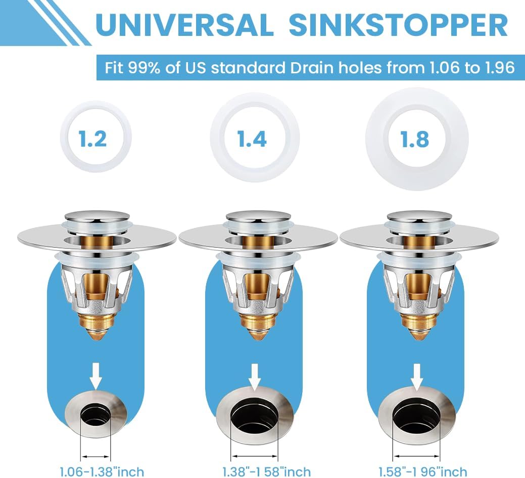 Universal Bathroom Sink Stopper | Pop Up Bathroom Sink Drain Strainer Plug for 1.06"-1.96" Basin Drain Holes | Rust-Proof Stainless Steel Sink Drain Stopper WN420