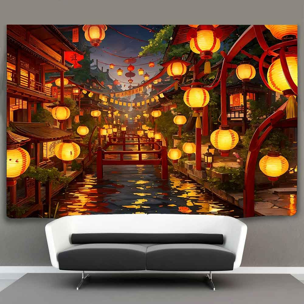 Ine Ive Japanese Tapestry Wall Hanging Large Size 93x71 Inch | Traditional Japan Streets filled with lanterns tapestry for Bedroom Living Room Dorm Office Restaurant Wall Decor BST202