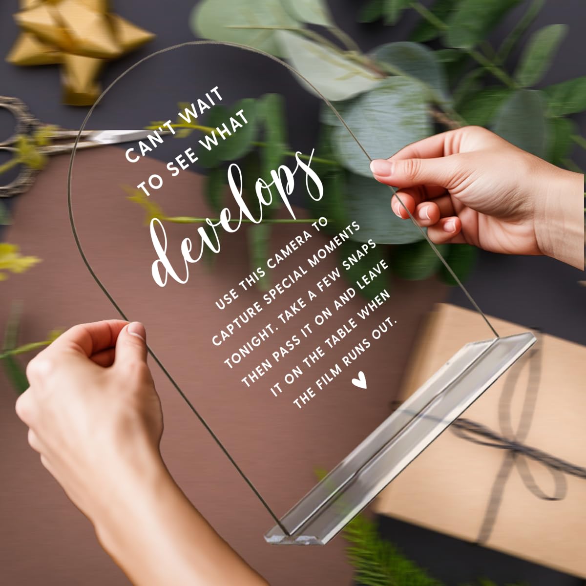 Acrylic Wedding Signs, Bridal Shower Decorations, Modern Arched Round Top Acrylic Table Top Sign with Holder for Wedding Reception Party Dinner - Can't Wait to See What Develops (Clear) BST326L