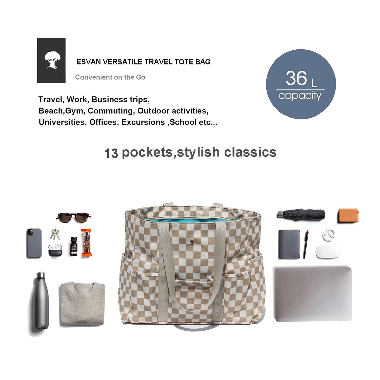 ESVAN Utility Tote Bag Weekender Duffle Bag with 13 Pockets - Perfect for Travel, Work, Gym, Beach, Teachers, and Nurses BST326H