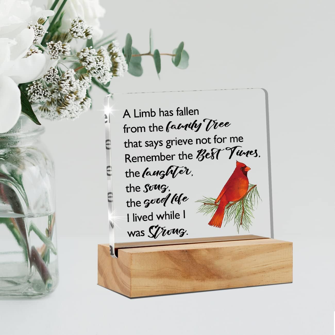 Acrylic Sympathy Gift for Loss of Loved One Desk Decor Red Cardinal Memorial Bereavement Gifts Decorative Clear Acrylic Desk Plaque Sign with Wood Stand for Home Office WN420