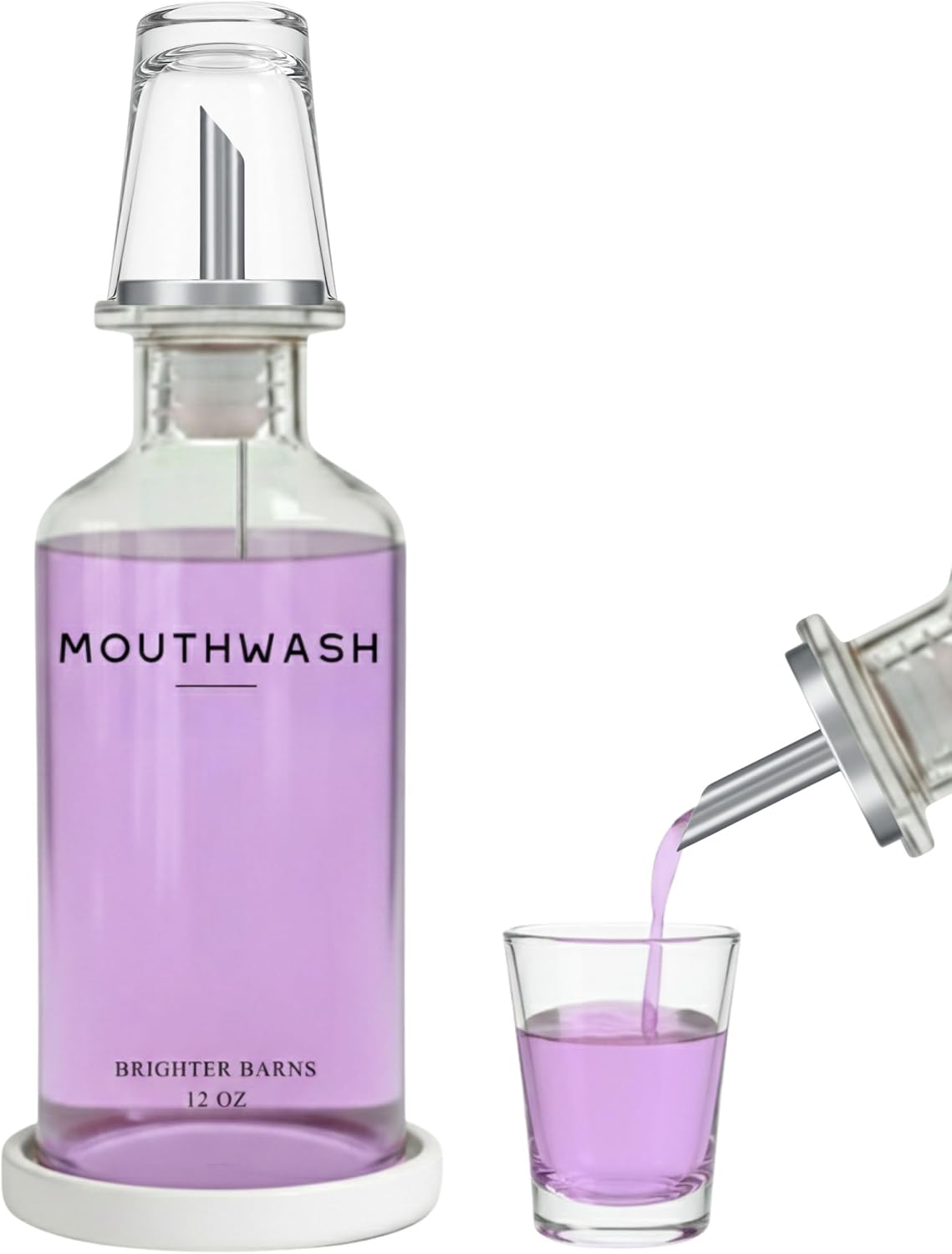 Glass Mouthwash Dispenser for Bathroom by Brighter Barns - Refillable Mouthwash Container with Glass Cup and Tray - Mouth Wash Dispensers for Bathroom Sink, Home Decor, Airbnb, Office, Hotel (Clear) BST326H