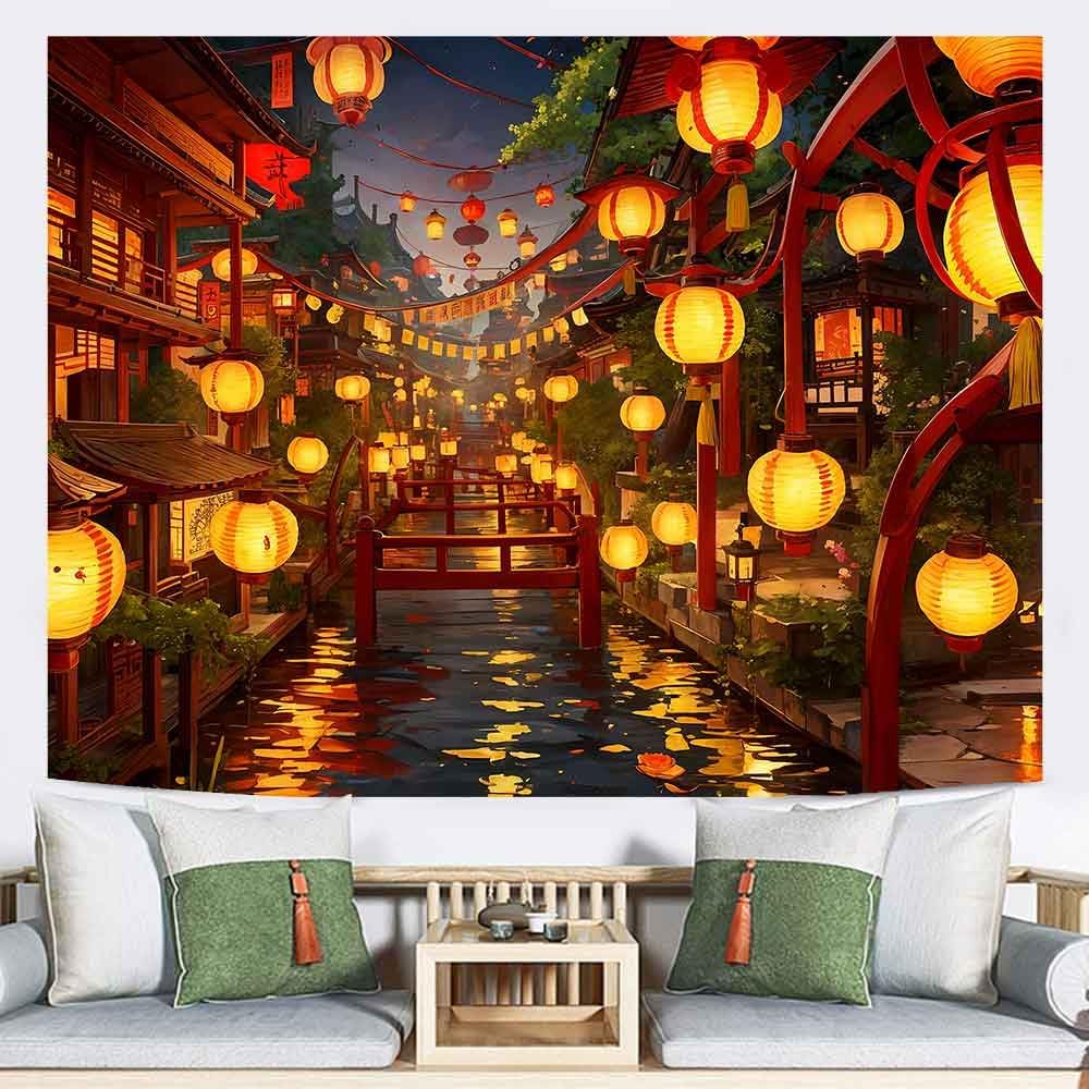 Ine Ive Japanese Tapestry Wall Hanging Large Size 93x71 Inch | Traditional Japan Streets filled with lanterns tapestry for Bedroom Living Room Dorm Office Restaurant Wall Decor BST202