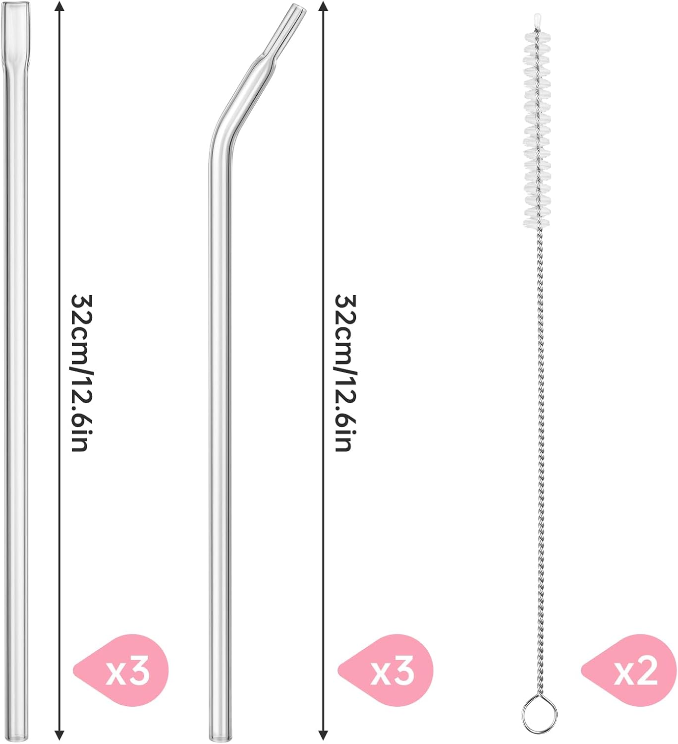 NiHome 6PCS Reusable Anti-Wrinkle Glass Straws Fit for Stanley 30 40oz Cups | 12" Long Flat Tip Wrinkle Free Straws, No Wrinkle Glass Drinking Straws 3 Straight & 3 Bent Set, Dishwasher Safe (Clear) BST326H