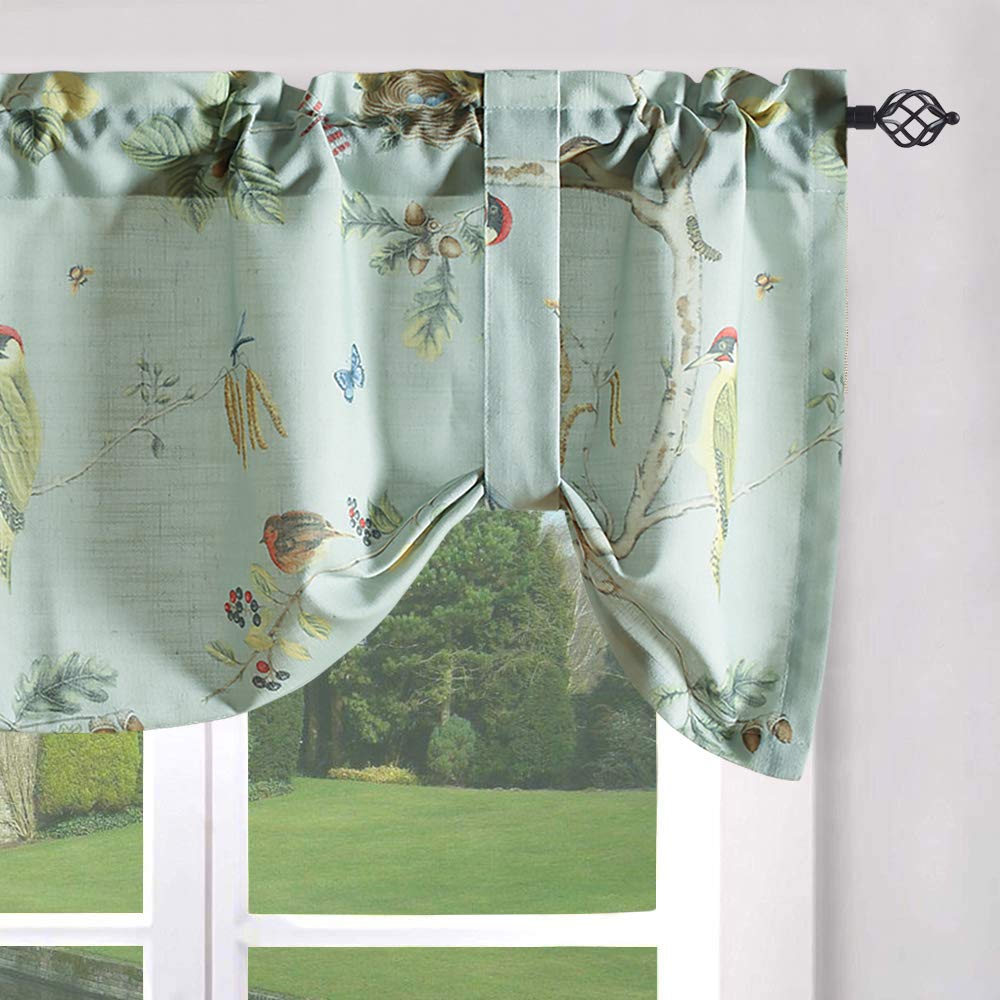 Leeva Tie Up Valance for Windows, Elegant Birds Pattern Light Filtering Window Treatment Valances for Bedroom Kitchen, One Panel, 52 x 18, Light Blue BST220