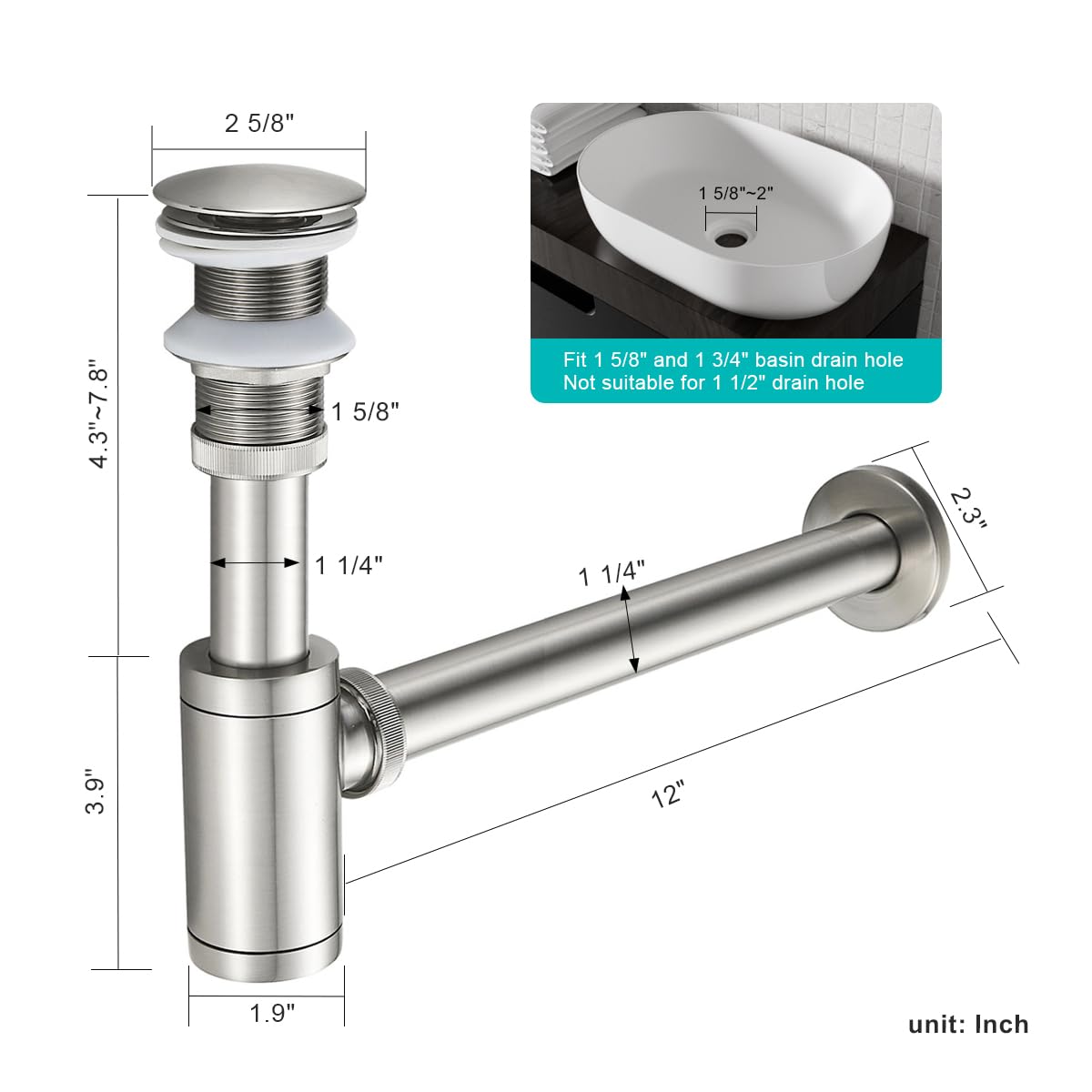 Solid Brass Adjustable 1-1/4 Bottle Trap with Overflow Drain Stopper Set, Bathroom Sink P-Trap Complete Set Sink Drain Kit Tube, Antique BST220
