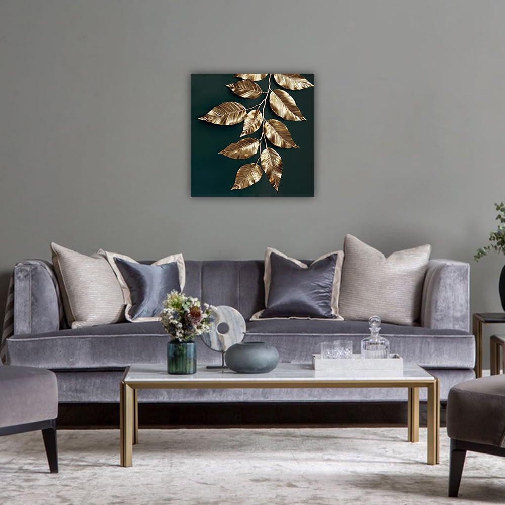 LURENCZH Leaf Canvas Wall Art Golden Leaf Picture Prints Green and Gold Paintings for Living Room Bedroom Decor Framed Ready to Hang(Green-1,12.00" x 12.00") BST326H