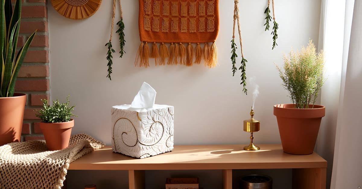 Square Tissue Box Cover Decorative Kleenex Box Holder for Bathroom & Living Room with Handcrafted Texture (colla Gold) BST220