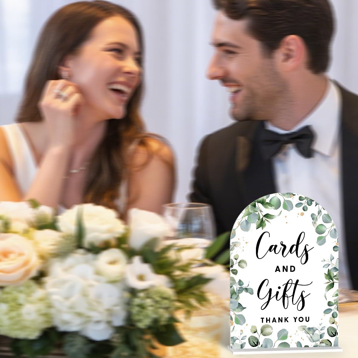 Acrylic Wedding Signs, Bubble Send Off Signs for Marriage Reception, Bridal Shower Decorations, Modern Arched Round Top Acrylic Table Top Sign with Holder for Wedding Party (White Eucalyptus Leaves) BST326L