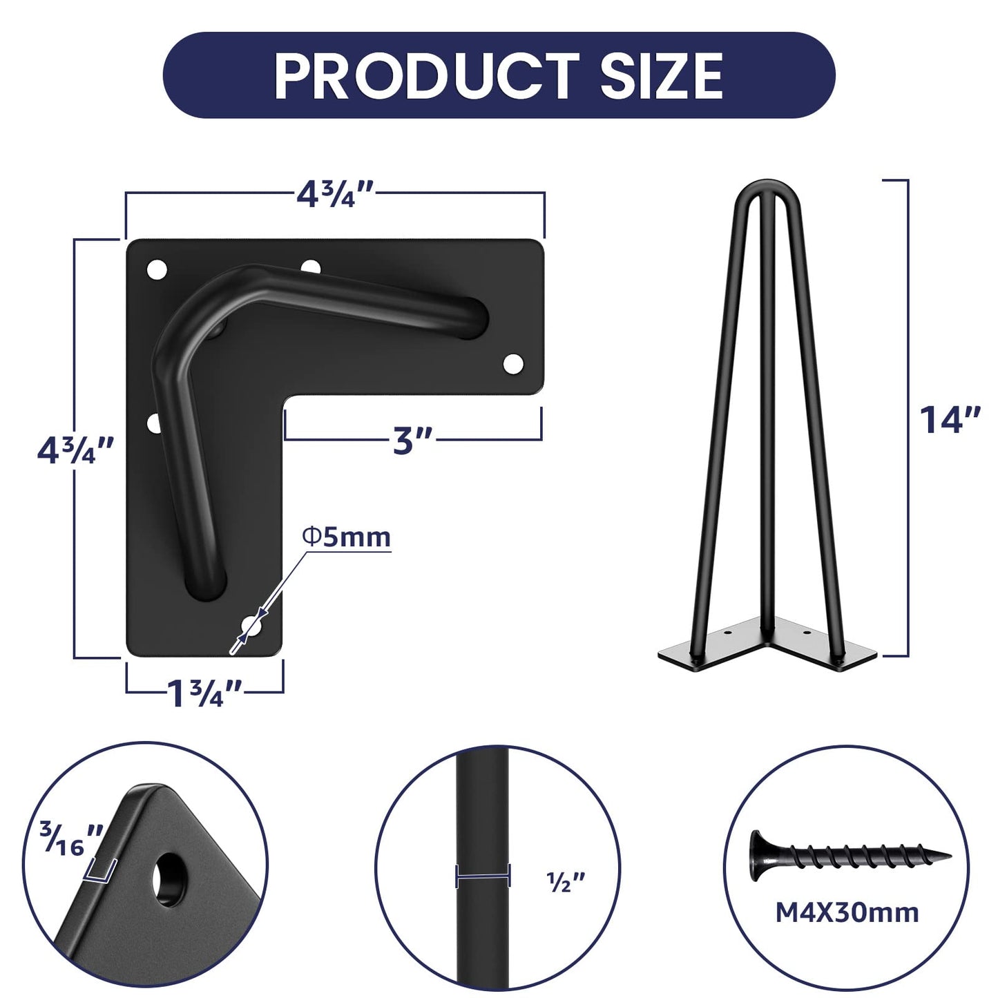SMARTSTANDARD 16 Inch Hairpin Table Legs, 3 Steel Rods 1/2 Inch Pipe Diameter, 800lbs Load Capacity, Mid-Century Style for Coffee Table, Side Table, Night Stand (Black, 4PCS) BST220