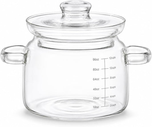 3.2 QT Glass Simmer Pot with Lid and Measuring Marks for Stovetop | 5 mm Borosilicate Glass, 96 oz Measuring Marks, Gas, Electric & Ceramic Cooktops, Microwave, Oven & Dishwasher Safe DD1210