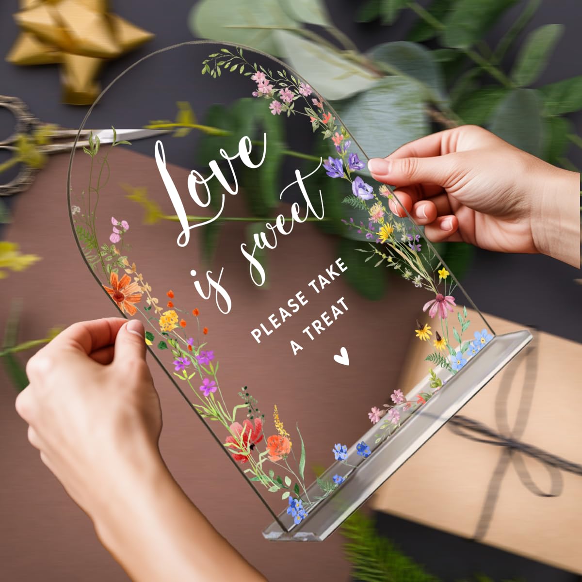 Acrylic Wedding Signs, Pick A Card Signs for Marriage Reception, Bridal Shower Decorations, Modern Arched Round Top Acrylic Table Top Sign with Holder for Wedding Party Dinner (Clear Wildflowers) BST326L