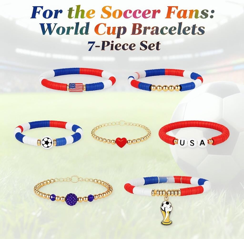 for FIFA World Cup 2026 Soccer Bracelets Gifts,for panini Game Day Soccer Bracelet Stack 7pcs Stackable Beaded USA Football Bracelets Outfits Jewelry Sports Fans Gifts Essentials Party Favors BST326L