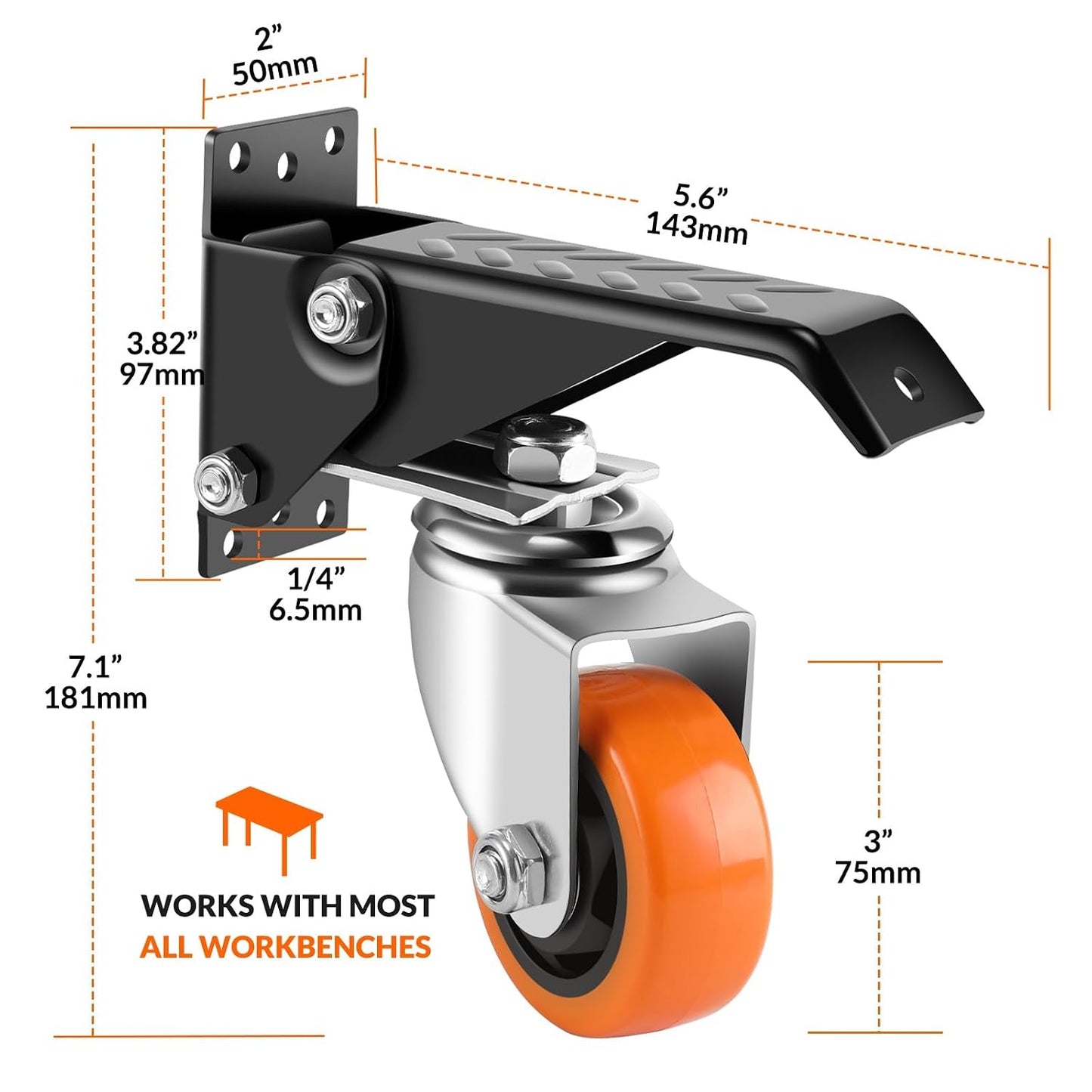 Caster Wheels, 3 Inch Workbench Casters Set of 4 Heavy Duty - 800 Lbs Capacity Retractable Swivel Castors with No Noise Polyurethane Wheels, Easy to Install for Tables Legs, Work Bench & Tool Carts WN420