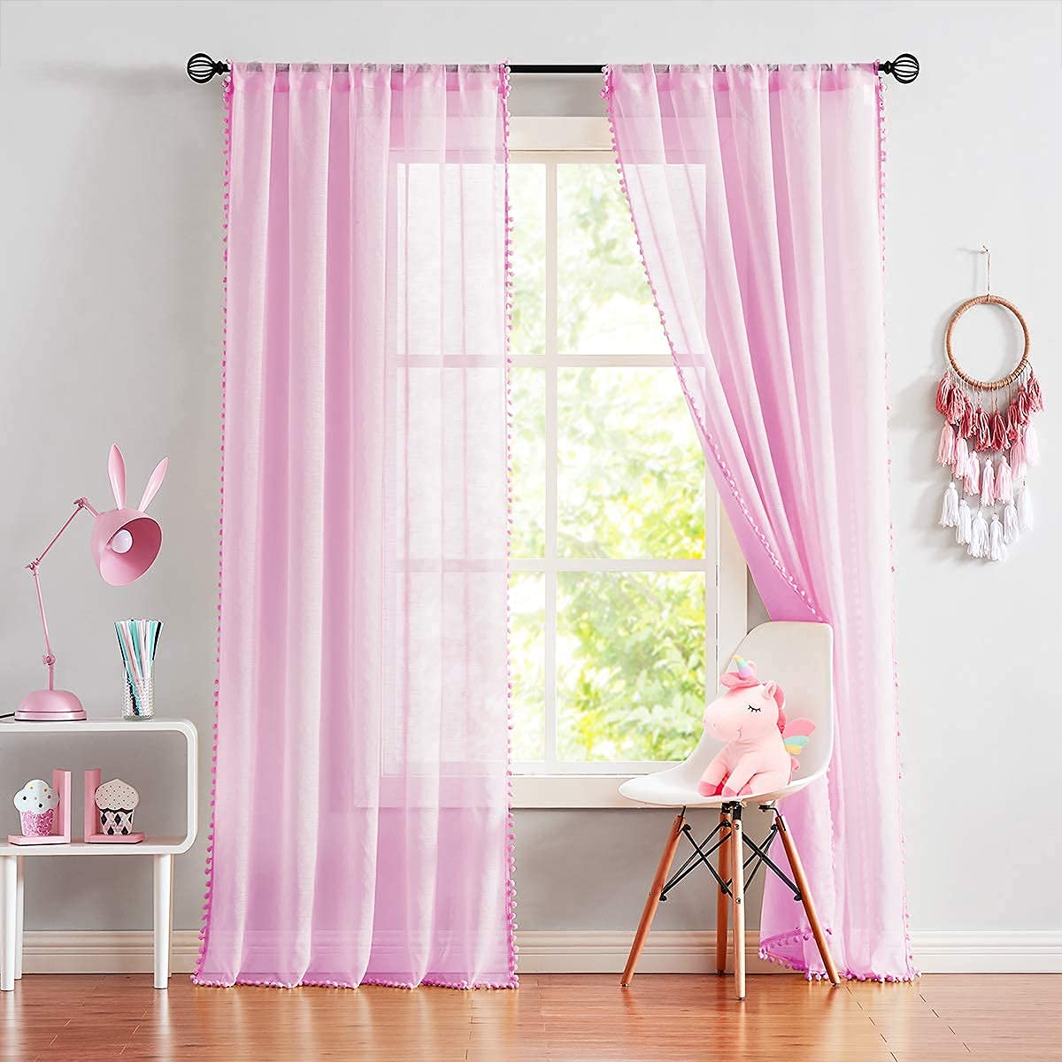 Treatmentex Pom-Pom Grey Sheer Curtains for Bedroom 63" Window Drapes Rod Pocket Textured Sheer Curtain for Kids Room 52" w 2 Panels BST202