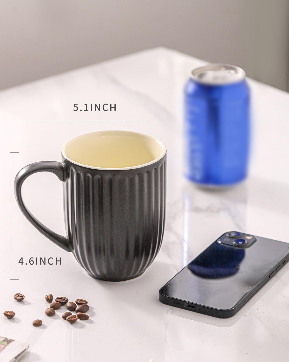 HASENSE Textured Large Coffee Mugs Set of 4, 16 Oz Ribbed Ceramic Cups with Large Handle for Latte Tea Cappuccino, Stackable Embossed Mug Set for Mom Dad, Microwave Dishwasher Safe, Creamy White BST220