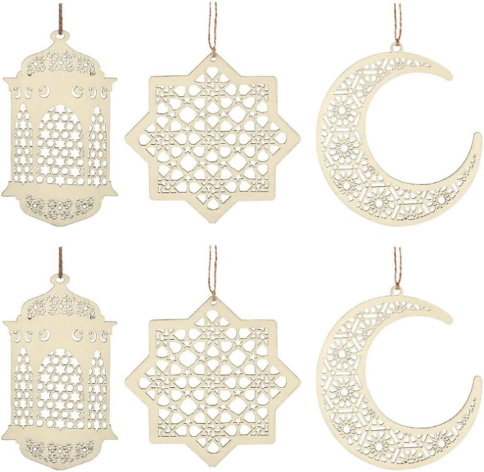 6Pcs Ramadan Decorations Wooden Ornaments Pendant Decoration | Moon Lantern Star Shape Mubarak Eid Hanging Ornament for Ramadan Mubarak Eid Decorations BST202