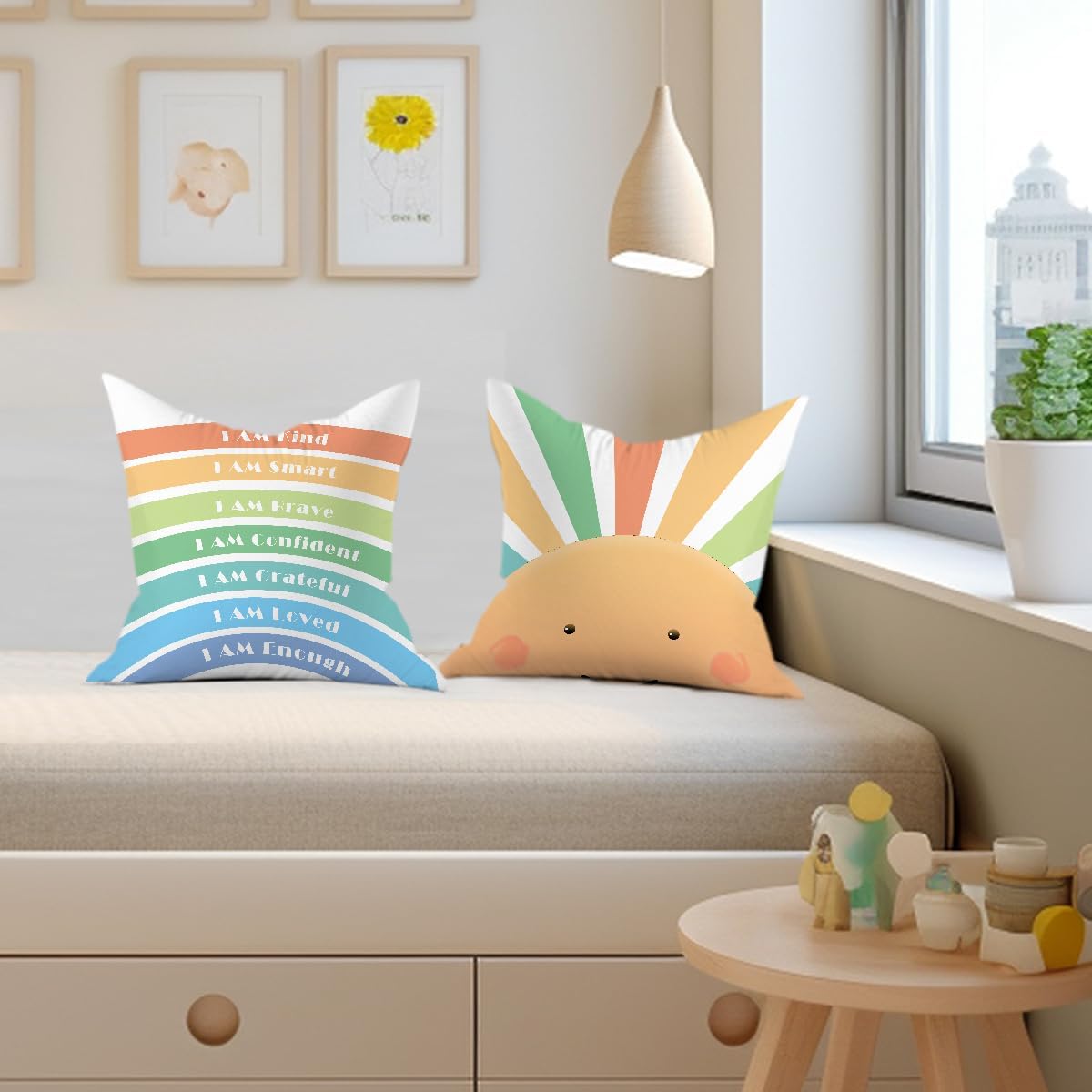 2PCs Inspirational Pillow Covers Boho Rainbow Sun Throw Pillow Covers 18x18 | Playroom Decor, Boho Sun Throw Pillow Covers, Kids Reading Nook Decor Pillowcase for Classroom Playroom Nursery BST202