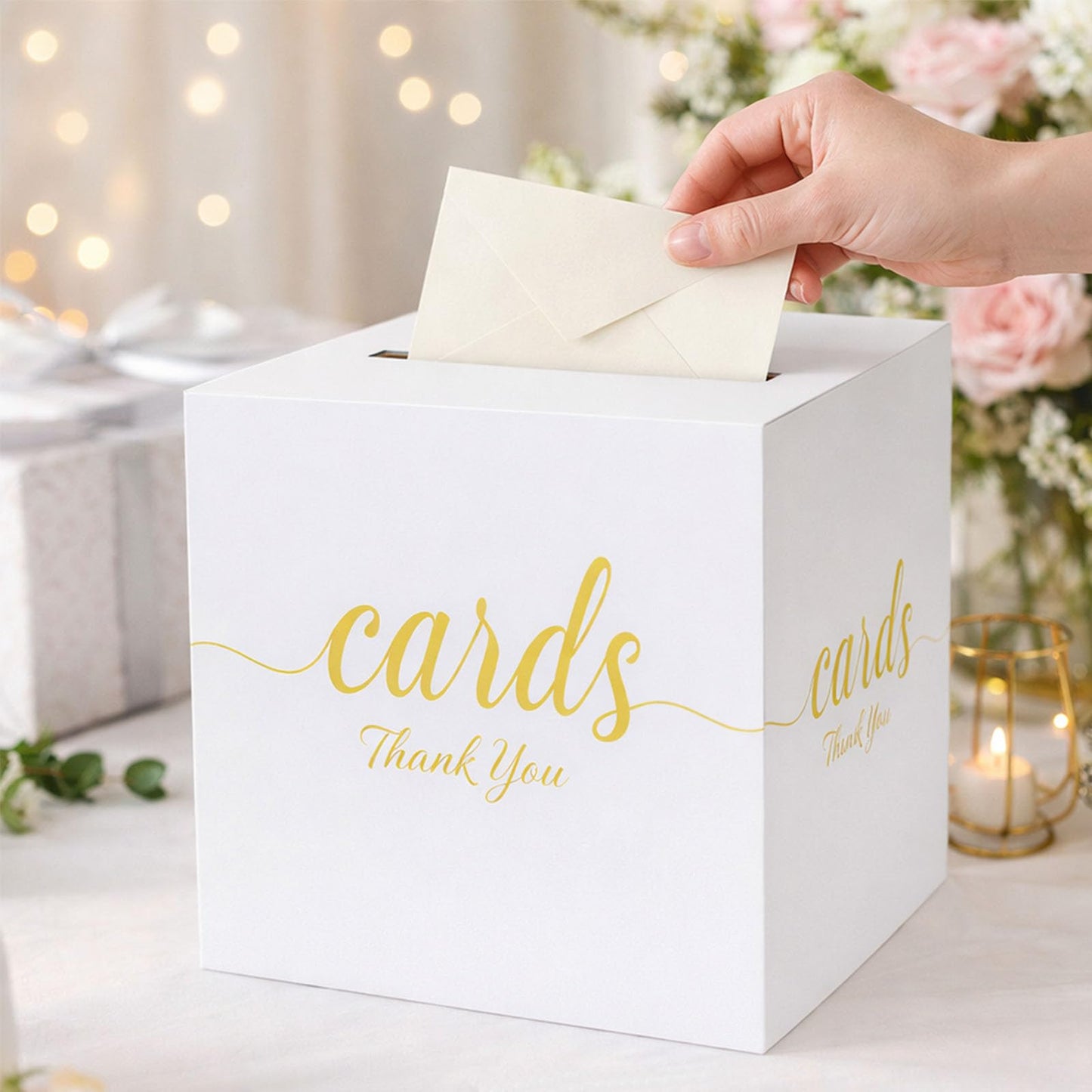 1 Pack White and Gold Wedding Card Box for Party Graduation Bridal Baby Shower Retirement Decorations Cardboard Birthday Card Holder Raffle Ballot Voting Box with Slot 7.8 x 7.8 x 7.8 In BST220