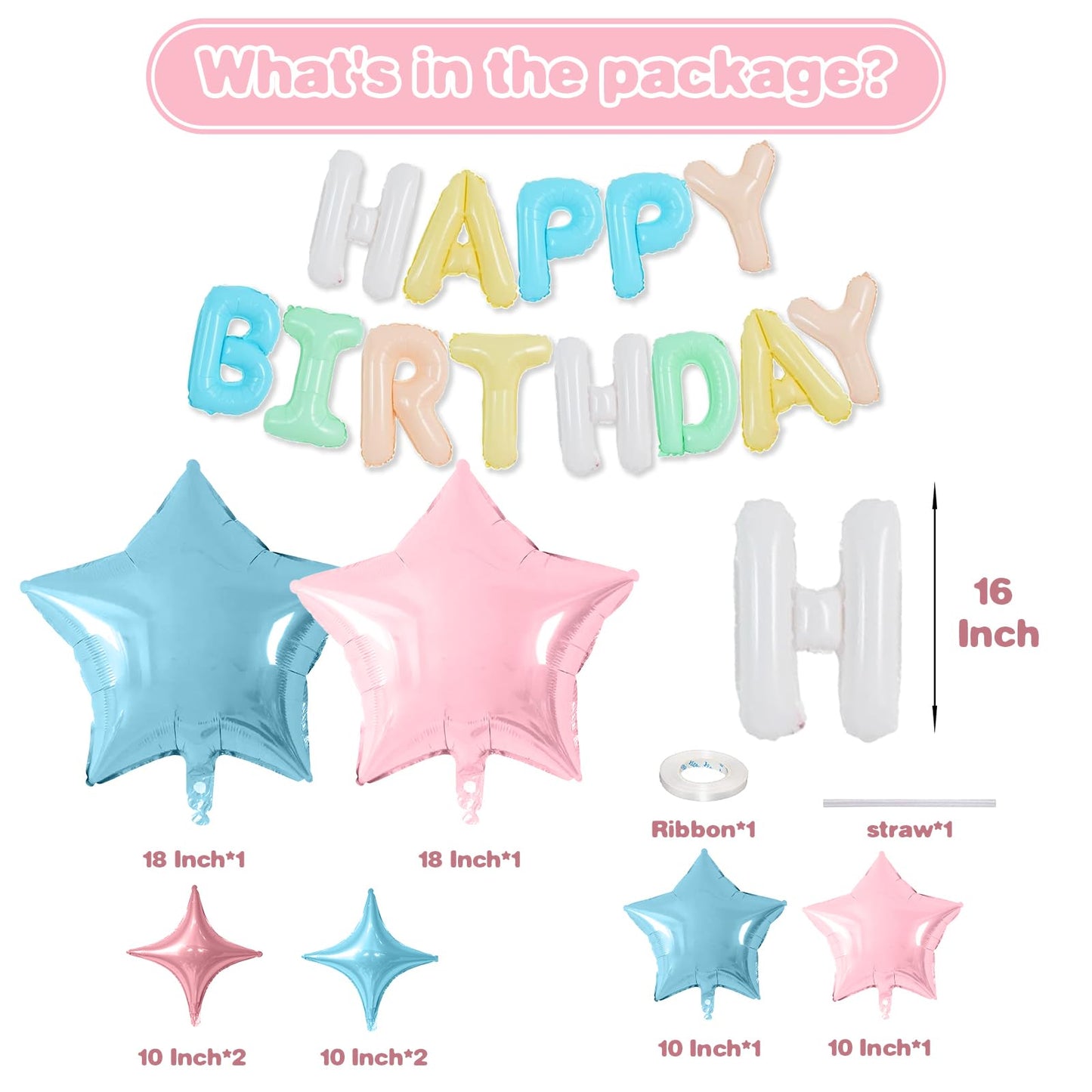 Happy Birthday Balloons Banner, Rainbow Happy Birthday Foil Balloons 16 Inch Foil Letter Balloon with 8 Pcs Gradient Blue Pink Star Balloon for Women Men Boys Girls Birthday Party Decoration WN420
