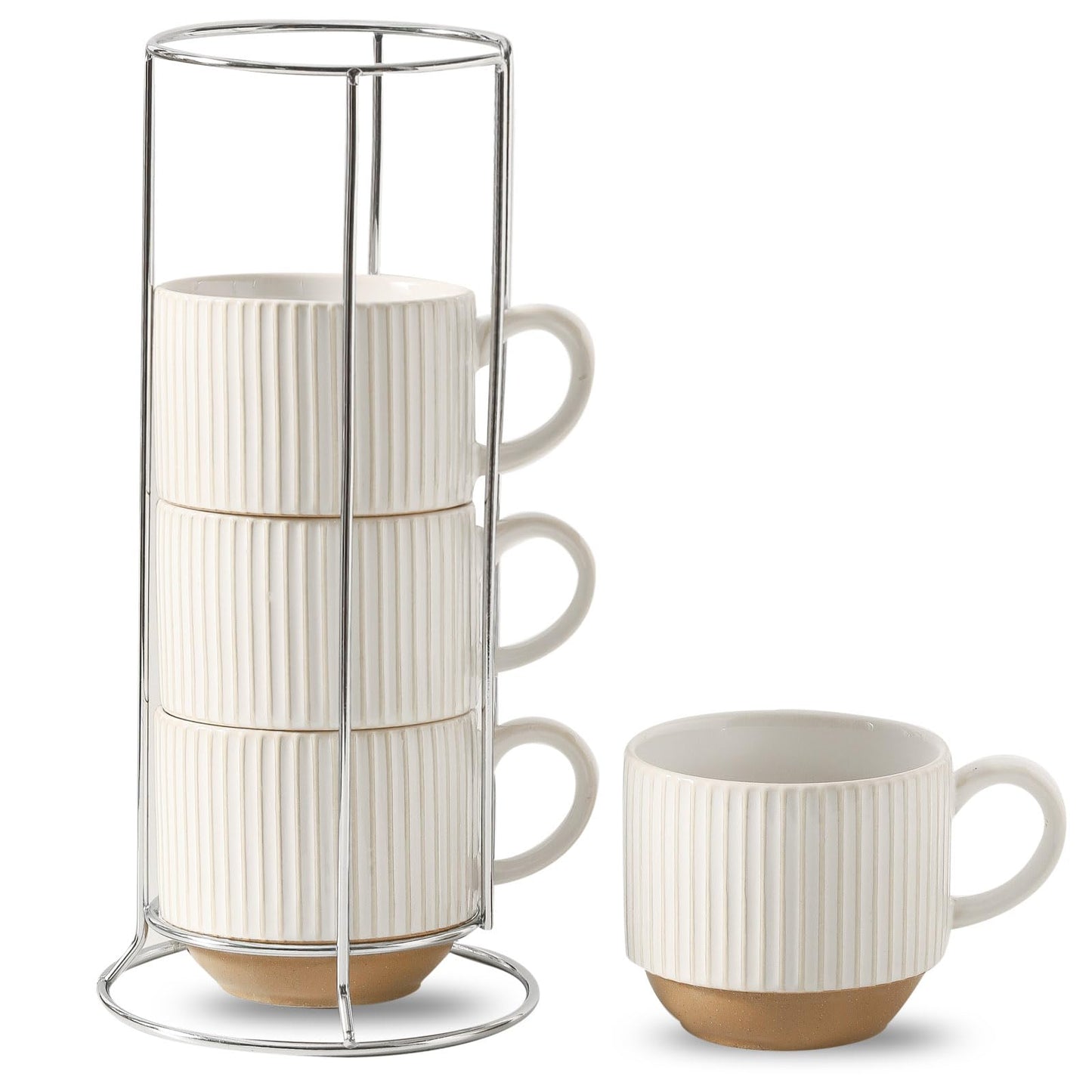 HASENSE 15 oz Ribbed Stackable Coffee Mug Set of 4, Porcelain Latte Cups with Metal Rack, Dishwasher & Microwave Safe, Cappuccino Tea Hot Cocoa, White BST220