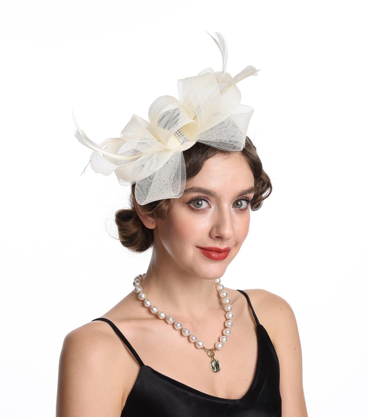 SAFERIN Elegant Women's Fascinator Hat with Veil and Feather Hair Clip Headpiece for Weddings Tea Party WN420