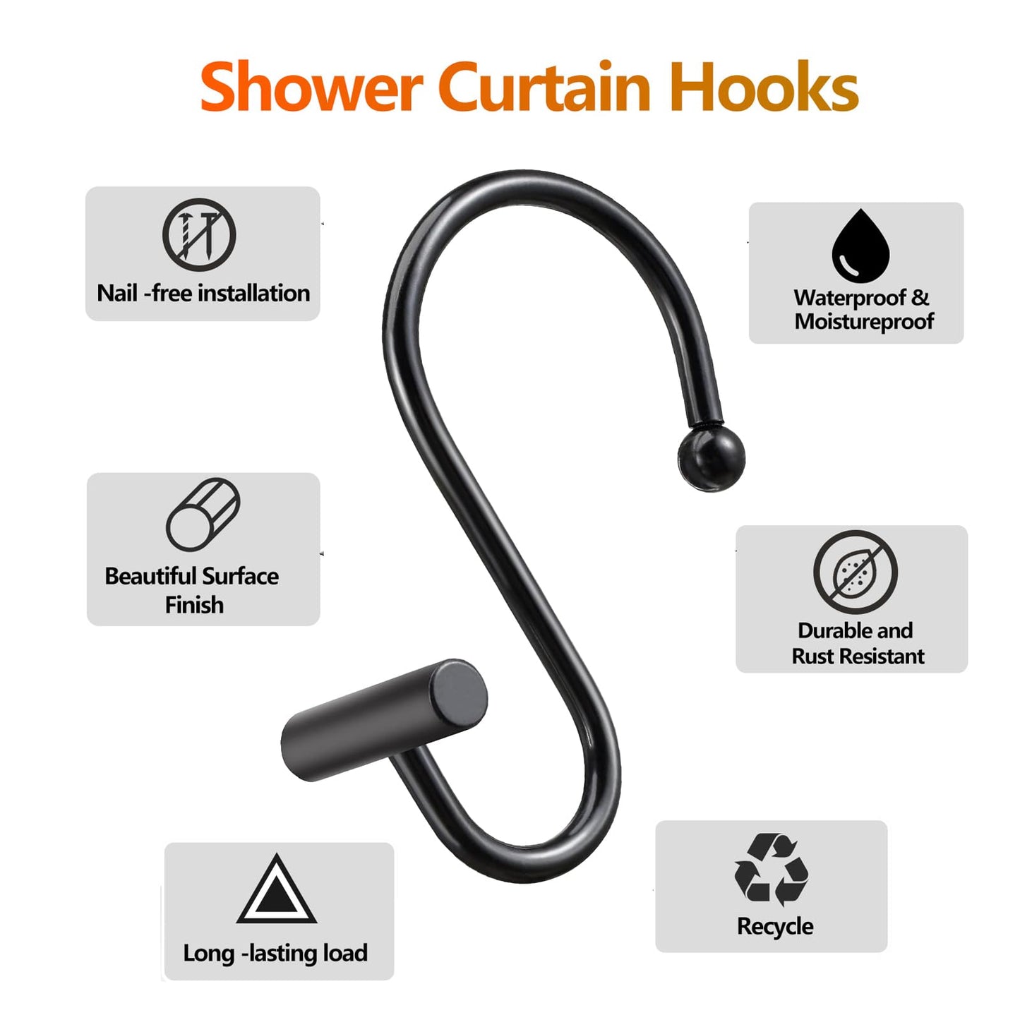 Black Shower Curtain Hooks S Hooks for Hanging Shower Hooks 12 Pack Metal Rustproof Rings with T-Bar Design, Elegant & Durable, Easy to Install for Bathroom, Kitchen, or Wardrobe Rods Curtain Rings BST220