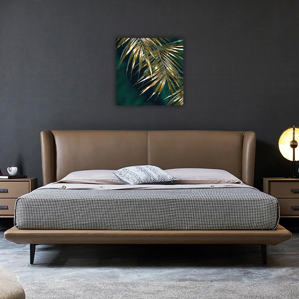 LURENCZH Leaf Canvas Wall Art Golden Leaf Picture Prints Green and Gold Paintings for Living Room Bedroom Decor Framed Ready to Hang(Green-1,12.00" x 12.00") BST326H