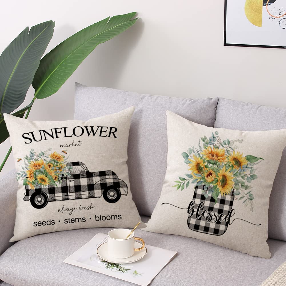 Spring Easter Pillow Covers 18x18 Set of 2 Rabbit Bunny Carrot Truck Spring Flowers Decorative Throw Pillow Covers for Home Office Sofa Bed Couch BST326L