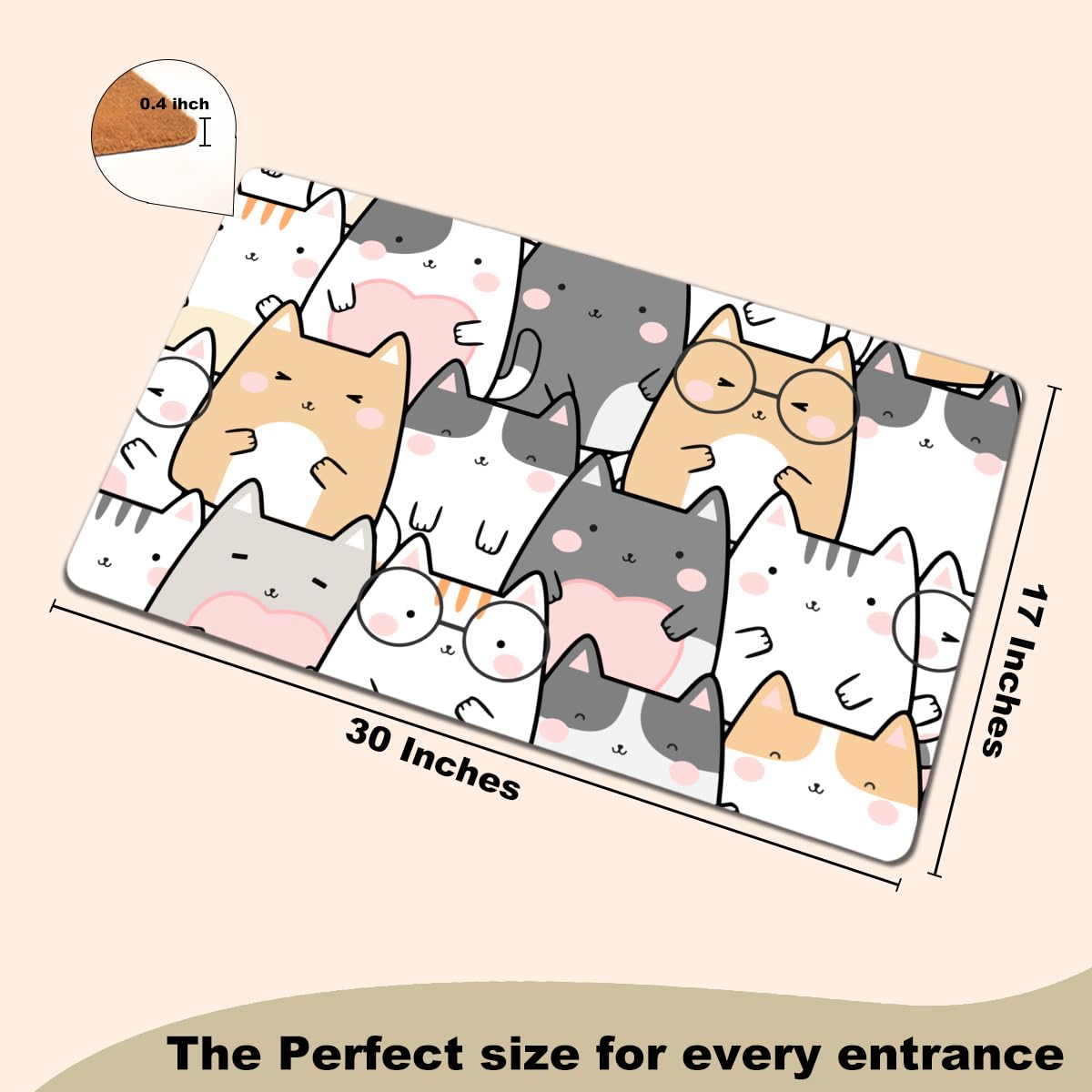 Funny Cat Door Mat 18x30 Inch, Faux Coco Coir Doormat with Non-Slip PVC Backing, Cats Printed Welcome Mat for Outdoor Indoor Entryway Porch Home Kitchen Patio, Cat Lover Gifts for Women Mom BST202
