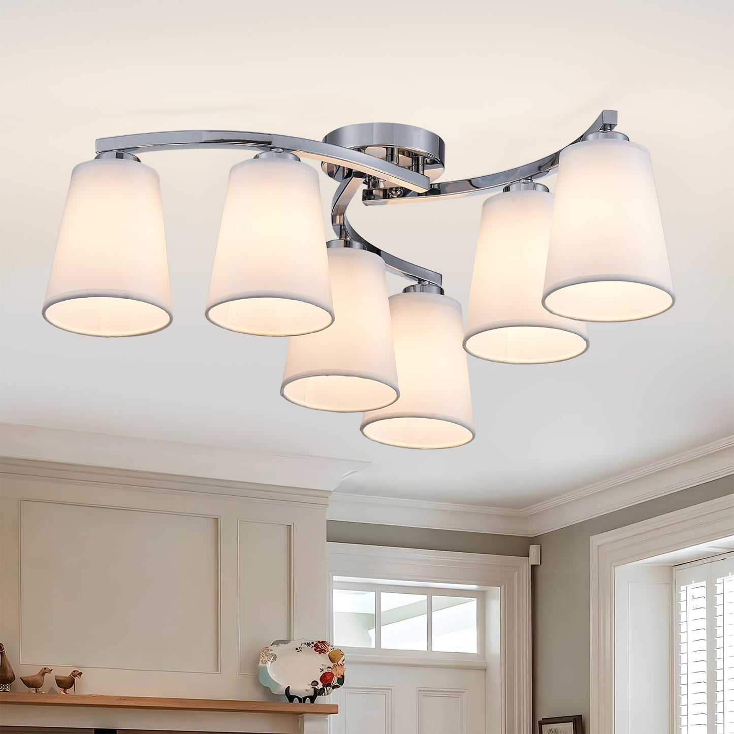 XINGQI 22.8" Boho Rattan Chandelier 6 Lights Rustic Farmhouse Semi Flush Mount Ceiling LightIing Fixture Woven Fabric with Gold Meatl Lampbody for Kitchen Island Bedroom Dining Room WN420