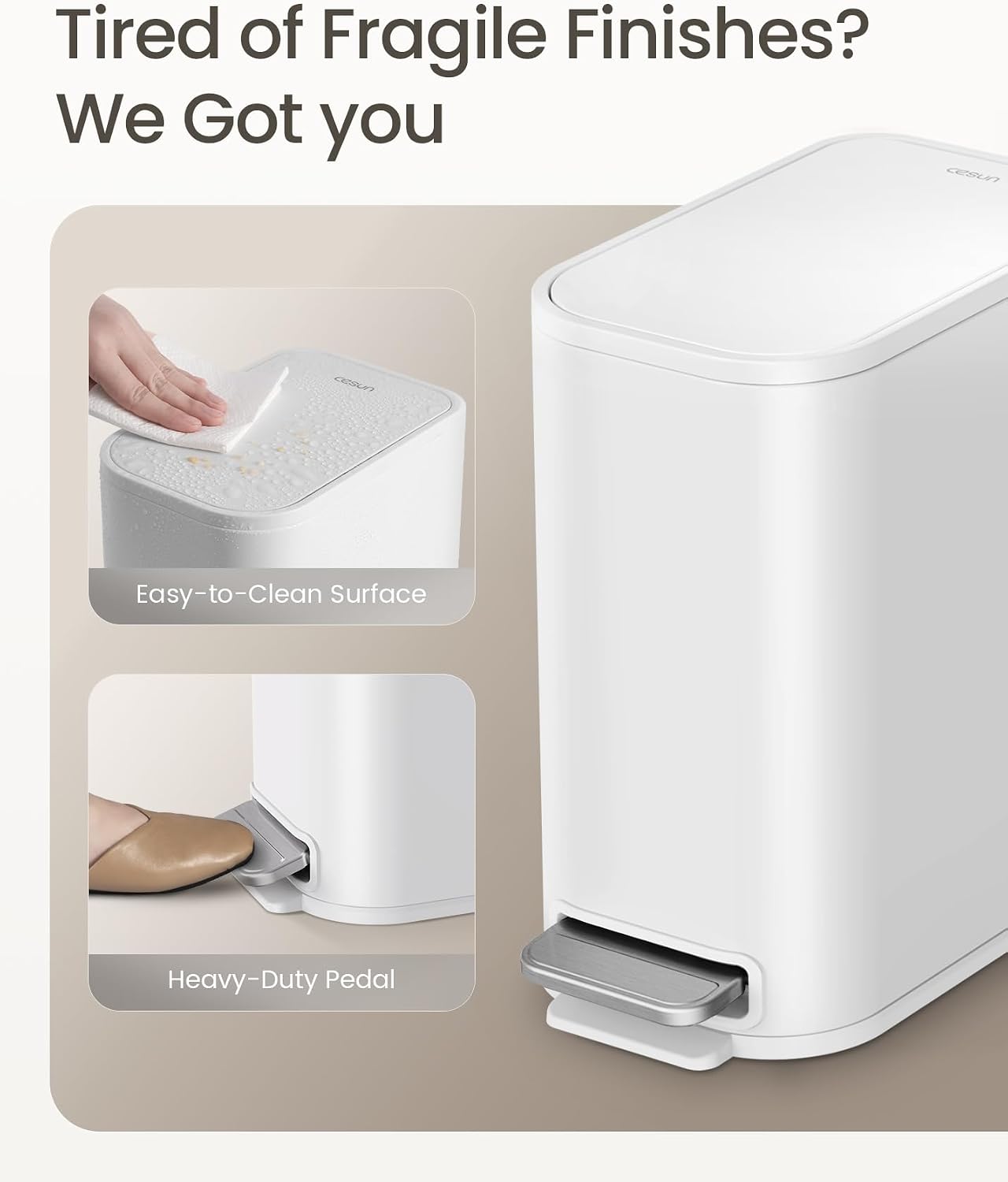 Cesun Small Bathroom Trash Can with Lid Soft Close, Step Pedal, 5 Liter / 1.3 Gallon Stainless Steel Garbage Can with Removable Inner Bucket, Waste Basket for Bathroom, Bedroom (White) DD1210