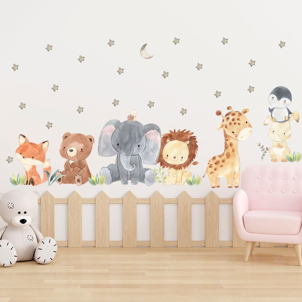 Forest Baby Animals Wall Decals Stars Elephant Lion Giraffe Fox Bear Safari Wall Stickers Baby Nursery Kids Room Living Room Daycare Wall Decor Art 51.2in*19.7in BST220