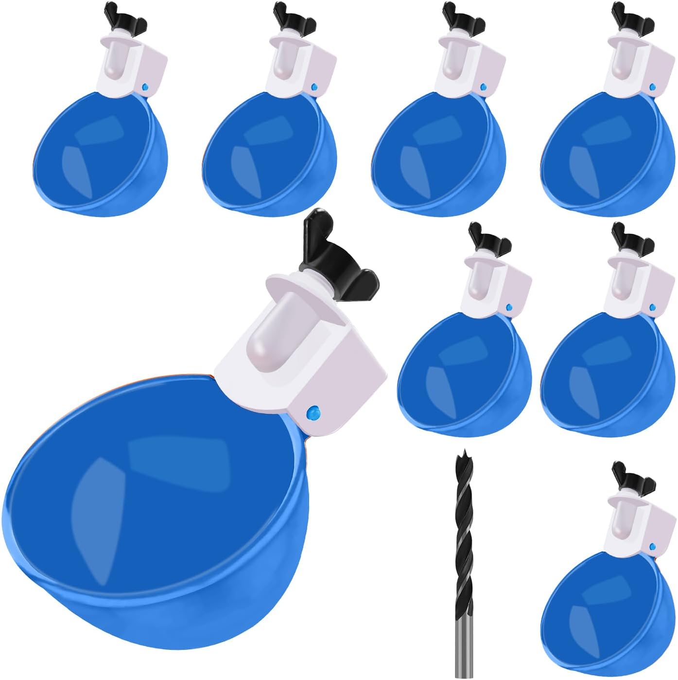 Darcvds Professional Chicken Waterer Cups, 8 Packs Blue Large Chicken Water Feeder, Tee Fittings Poultry Waterer Suitable for Duck, Chicks, Goose, Turkey, Bunny and Bird with Mounting Hole Opener WN420