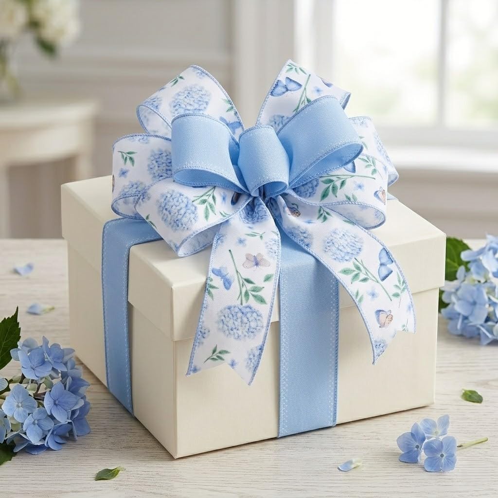 2 Rolls 10 Yards Spring Blue White Floral Wired Ribbons for Wreath Bows Wrapping Gifts, Hydrangea Butterfly Ribbon for Holiday Wedding Birthday Baby Shower Party Décor Summer DIY Crafts 2.5" BST202