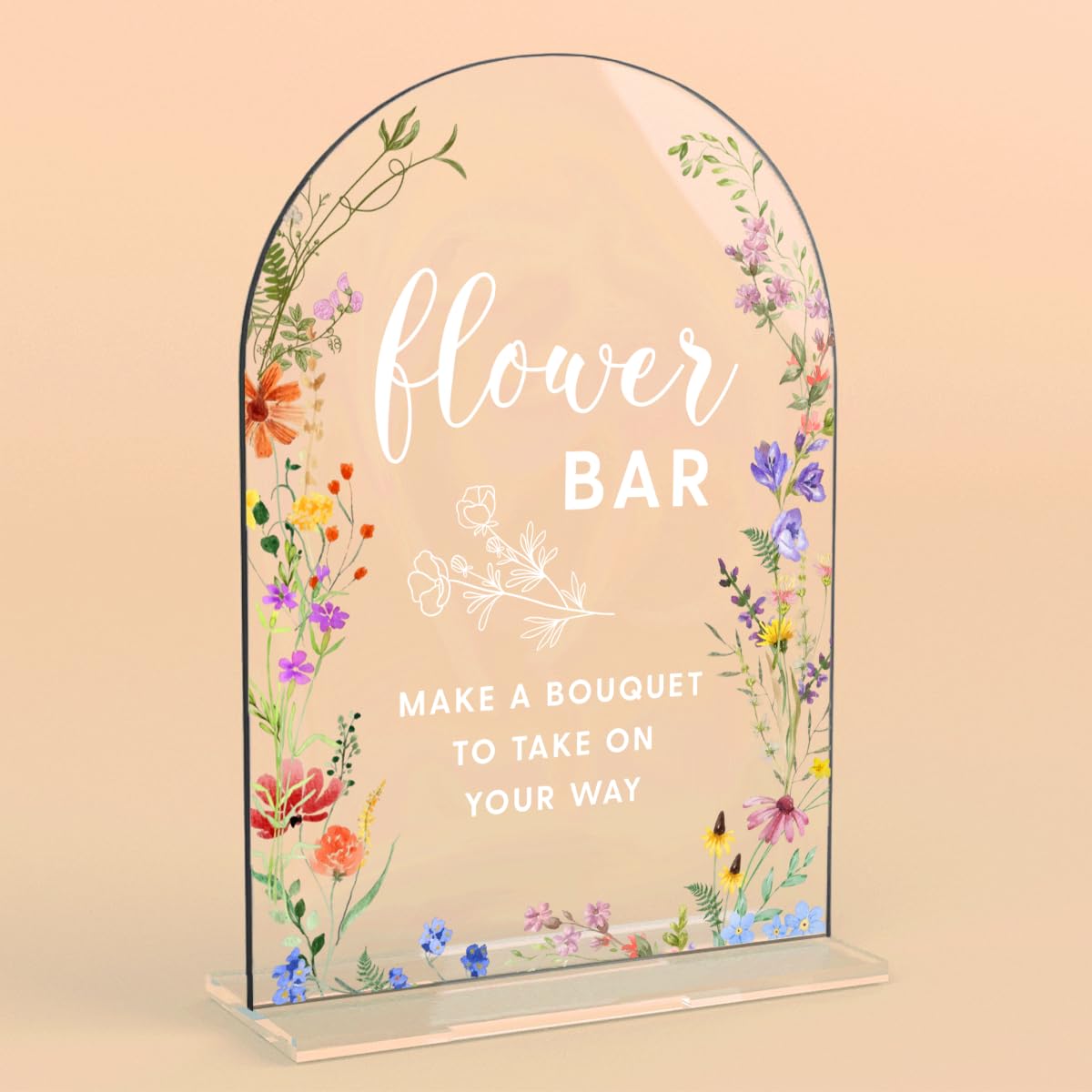 Acrylic Wedding Signs, Pick A Card Signs for Marriage Reception, Bridal Shower Decorations, Modern Arched Round Top Acrylic Table Top Sign with Holder for Wedding Party Dinner (Clear Wildflowers) BST326L
