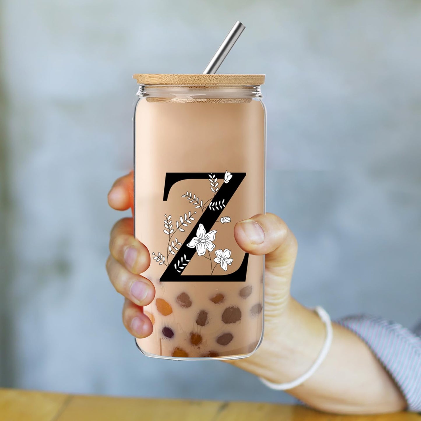 Monogrammed Initial Glass Cup with Lids and Straws gift for Women | Personalized Gift Set with Doll, 16 Oz Ice Coffee Cup ,reusable glass tumbler,Birthday Christmas Gift for Her,U WN420