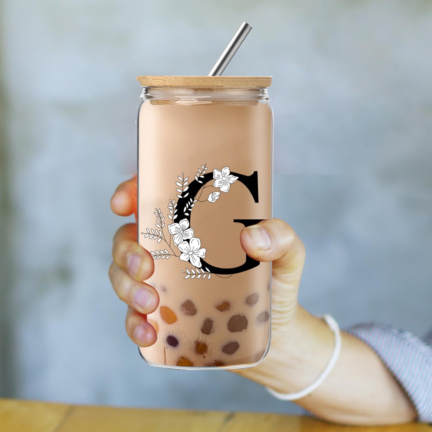 Monogrammed Initial Glass Cup with Lids and Straws gift for Women | Personalized Gift Set with Doll, 16 Oz Ice Coffee Cup ,reusable glass tumbler,Birthday Christmas Gift for Her,U WN420