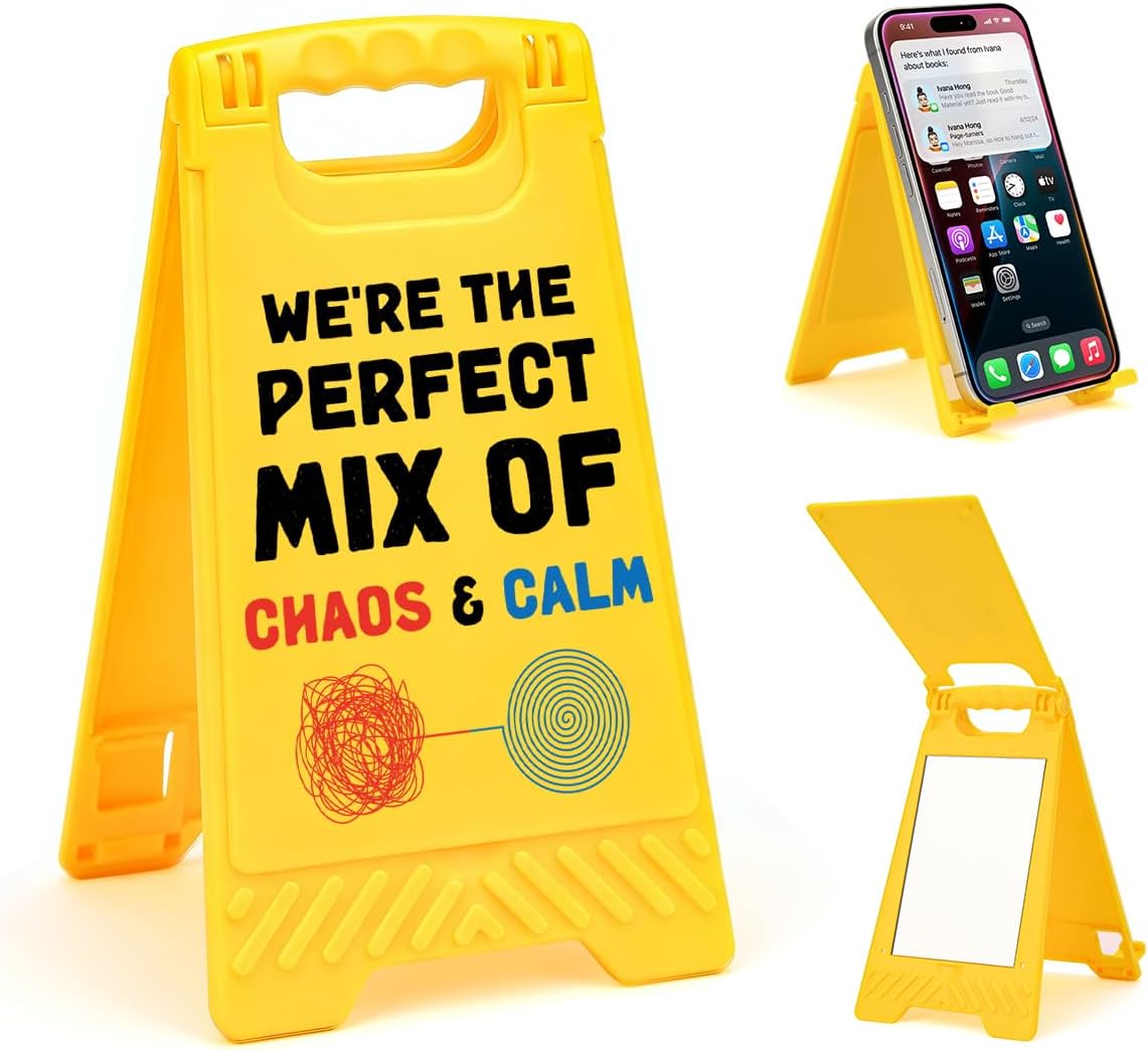 Valentines Day The Perfect Mix of Chaos and Calm Desk Sign Yellow Warning Style Table Decor Valentine's Day Gift for Boyfriend Girlfriend Husband Wife Tabletop Cubicle Phone Holder Mirror Stand BST202